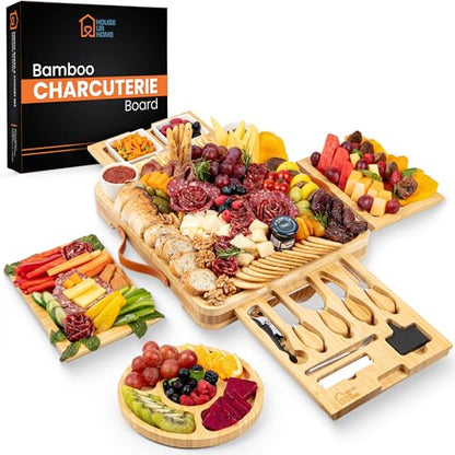 Bamboo Charcuterie Board Gift Set – Housewarming Gift for New Home, Wedding & Bridal Shower Gifts | Large Cheese Board with Hidden Drawers, Knives & Bowls | Perfect for Couples, Hosts & Housewarming
