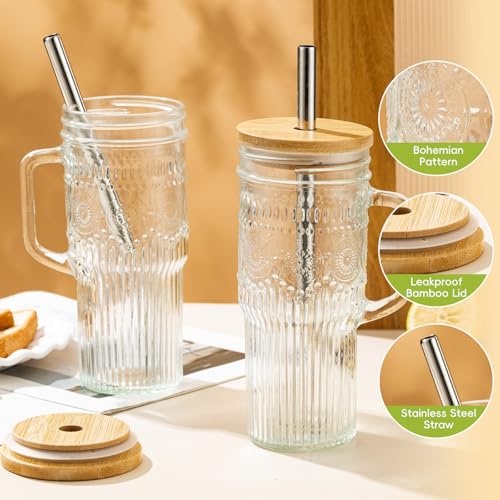 JunVpic Glass Tumbler, 24 oz Ice Coffee Cups with Bamboo Lid and Handle | Stainless steel straws and cleaning brushes, boho pattern design for iced coffee, smoothies, tea and daily drinks - color: Clear-Boho Pattern, size: 24oz