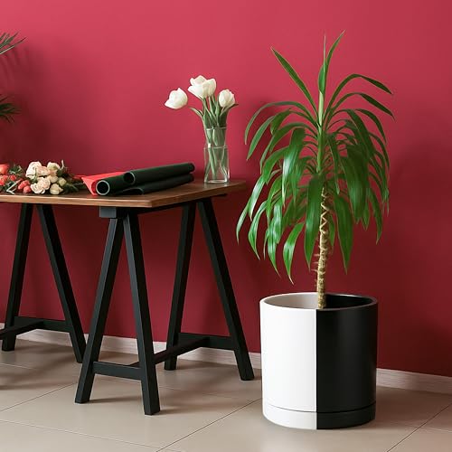D'vine Dev 10 Inch Ceramic Planter Pot, Black White Split, 94-O-E-0 | Modern Cylinder Design, Drainage Hole & Saucer Included, Stable Structure, Elegant Home Accent - color: Split Monochrome Black & White, size: Large