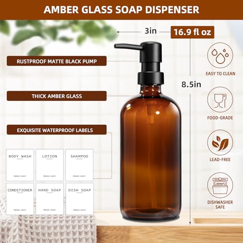 Dish Soap Dispenser for Kitchen, 16.9 fl oz Amber Hand and Dish Soap Dispensers, Kitchen Soap Dispenser Set with Sponge Holder, Brush Holder and Loofah Sponge, Countertop Sink Organizer Accessories - color: Amber