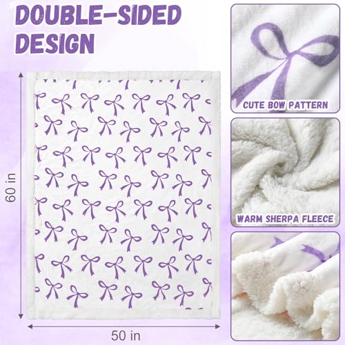 Tegeme Purple Bow Throw Blanket Sherpa Fleece Preppy Coquette Flannel Bow Blanket for Teen Girls Room Back to School Gift White Plush 50" x 60" Aesthetic Soft Bedding for College Dorm Bed Sofa Couch - color: Purple
