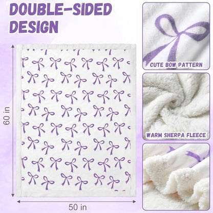 Tegeme Purple Bow Throw Blanket Sherpa Fleece Preppy Coquette Flannel Bow Blanket for Teen Girls Room Back to School Gift White Plush 50" x 60" Aesthetic Soft Bedding for College Dorm Bed Sofa Couch - color: Purple