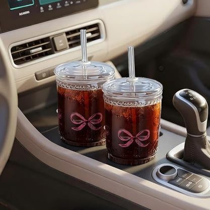 22 Oz Ribbed Glass Cups with Lids and Straws Set of 2, Glassware Set with Pink Bow Glass Tumbler Iced Coffee Cups, Ideal for Iced Coffee, Tea, Milk, Smoothie, Hot Drinks