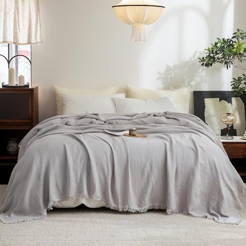 FOSSA Muslin Blanket 4-Layer 100% Cotton Gauze Blanket with Fringe 90"x90" | Super Soft Breathable Lightweight All Season & Decforative Blanket for Bed, Sofa, Office - color: Grayish, size: Queen (90" × 90")