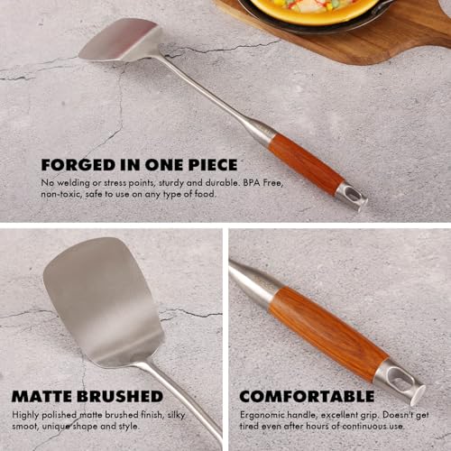 15” Metal Kitchen Utensils Set with RooseWood Handle - 18/10 Stainless Steel Cooking Utensils, 14 PCS Large & Small Spoons Set - Whisk, Masher, Fork, Spatula, Turner, Ladle, Skimmer, Pasta