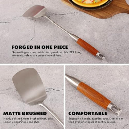 15” Metal Kitchen Utensils Set with RooseWood Handle - 18/10 Stainless Steel Cooking Utensils, 14 PCS Large & Small Spoons Set - Whisk, Masher, Fork, Spatula, Turner, Ladle, Skimmer, Pasta