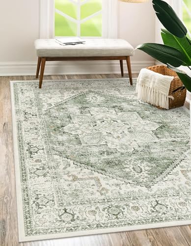 LIVEBOX Washable Area Rug 5x7 - Large Vintage Tribal Living Room Rug Vintage Non-Slip Indoor Rugs for Bedroom, Low-Pile Retro Carpet Print Distressed Accent Rugs for Nursery Entryway Office, Sage - color: Medallion Sage, size: 5' x 7' (Rectangular)