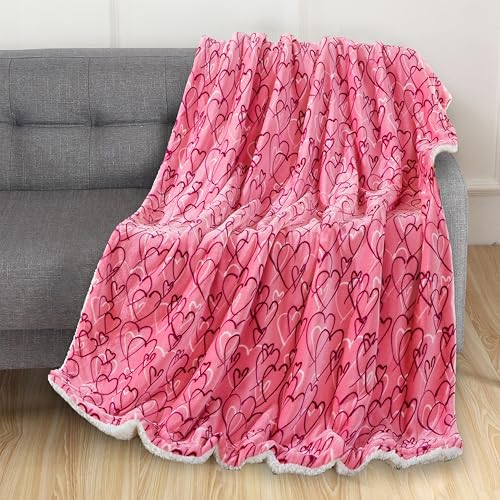 Elegant Comfort Valentine's Day Sherpa Fleece Throw Blanket for Couch - Soft and Warm Sherpa Backing Reversible Pink Hearts Flannel Blanket Valentines Decor, 50 x 60 inches, Amara - color: Amara
