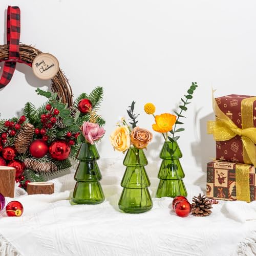 XXXFLOWER 3Pcs Tree-Shaped Glass Planter Christmas Tree Decorations for Tabletop Hydroponics Home Office Garden Green Propagation Station Vase for Flowers Gifts for Plant Lovers（Plant NOT Included） - size: 3 Green Tree