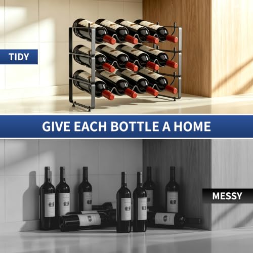 TONLEA Stackable Water Bottle Organizer Holder, Wine Rack,3-Tier 12 Bottles Wine Storage Cabinet Shelf, Wine Racks Countertop for Pantry,Kitchen