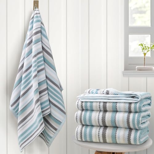 VOOVA & MOVAS Aqua Bath Towels 4 Pack, 100% Cotton, 28x52 in, Striped | Ideal for Shower and Daily Bathing, Lightweight, Super Soft, Highly Absorbent, Quick Dry, Bath Towels with Hanging Loops - color: Gray + Aqua Striped, size: 4 PC Bath Towels (28"x52")