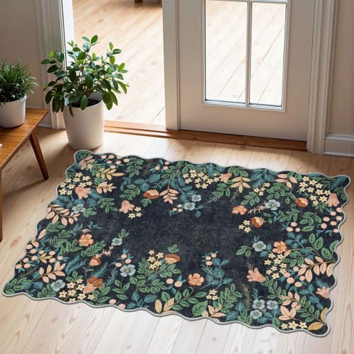 Front Door Mat Outside Entrance - 2x3 Dark Navy Floral Non-Slip Washable Doormat Indoor Outdoor Mat Boho Vintage Entry Rug Small Throw Rugs for Entryway Kitchen Front Porch Decor - color: Floral - Dark Navy, size: 2' x 3' (Rectangular)
