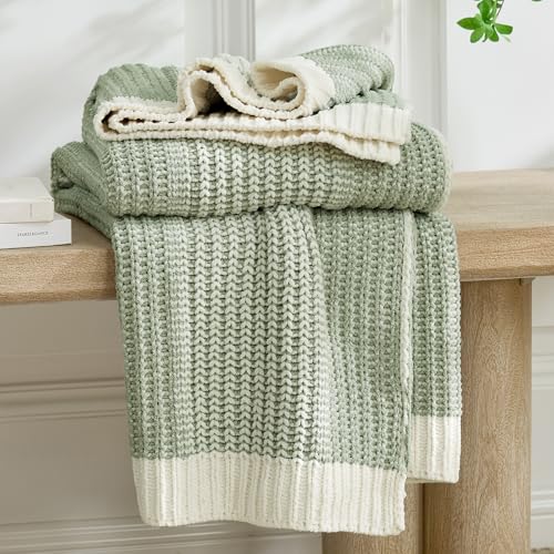 Premium Chenille Throw Blanket, Soft Cozy Luxury Two-Tone Knit Blanket for Couch, Sofa, Chair, Home Decor, Sage Green & Ivory 50"x60" - color: Two-tone Sage Green, size: 50" X 60"