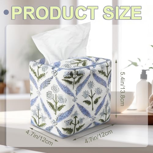 Blue Fabric Tissue Box Cover - Floral Print Tissue Box & Decorative Square Napkin Holder Handmade Cotton for Home Bedroom Vanity Countertop Night Stands Office - style: Blue