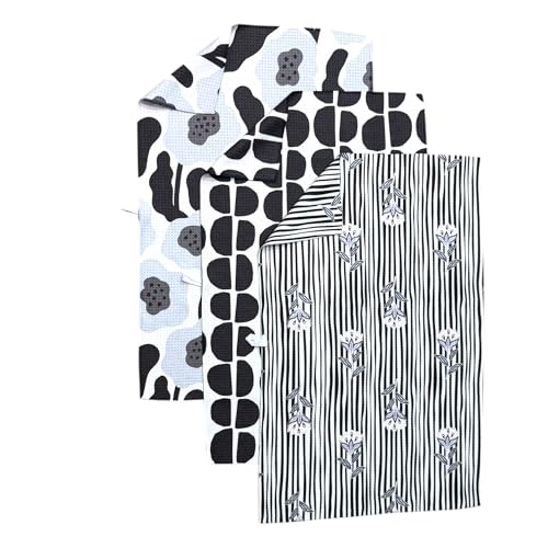 Kitchen Towels, Dish Towels for Kitchen, 3 Pc Kitchen Towel Set | Microfiber Waffle Towels, 16 x 26 inches, with Hanging Loops, Reusable Tea Towels, Cute Kitchen Towels - 3 Pack - color: Black/Gray