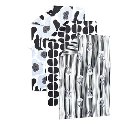 Kitchen Towels, Dish Towels for Kitchen, 3 Pc Kitchen Towel Set | Microfiber Waffle Towels, 16 x 26 inches, with Hanging Loops, Reusable Tea Towels, Cute Kitchen Towels - 3 Pack - color: Black/Gray