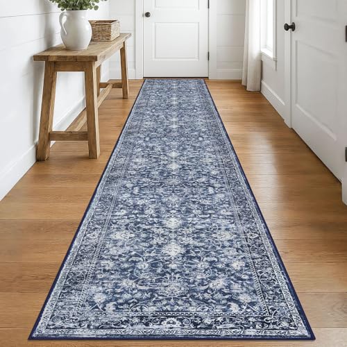 KILOCOCO Runner for Hallway 2.6x16 ft Washable Runner Non-Slip Rug, Blue | Printed Hallway Runners Rug, Non Skid Kitchen Runner Rug, Low Pile Runner for Bedroom Living Room, Soft Floral Hall Runners - color: Blue/Navy/White, size: 2'7" x 16' (Runner)