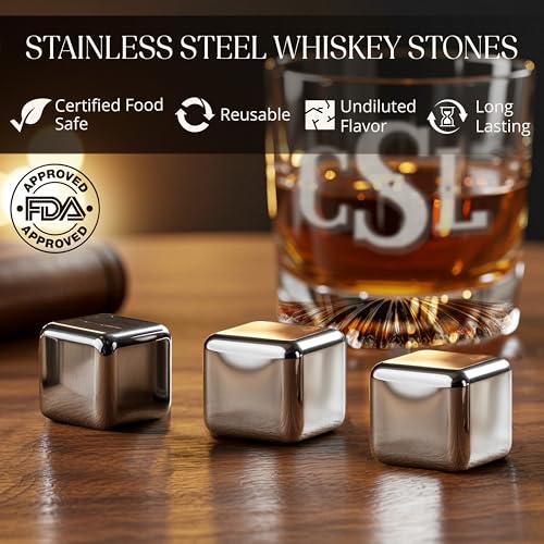 Custom Monogram 3 Initials Whiskey Gift Set, Glass, Wood Box, Him | Dot Design, Leather Coaster, Stainless Steel Stones, Personalized Design, Gift For Men, Husband Present, Dad Idea