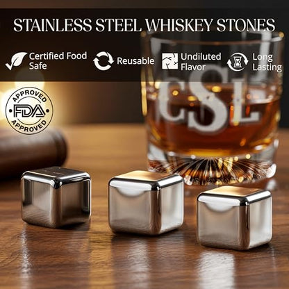 Custom Monogram 3 Initials Whiskey Gift Set, Glass, Wood Box, Him | Dot Design, Leather Coaster, Stainless Steel Stones, Personalized Design, Gift For Men, Husband Present, Dad Idea