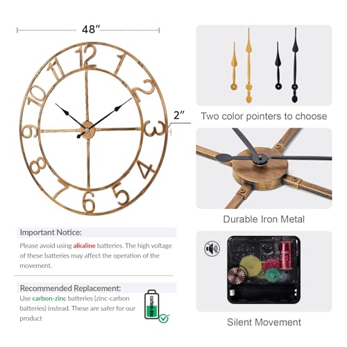 48in Large Silent Wall Clock, Easy Assembly Arabic Numeral Bronze | Non-ticking metal farmhouse wall clock, KD assembly, battery operated, oversized living room decor - size: 48inch