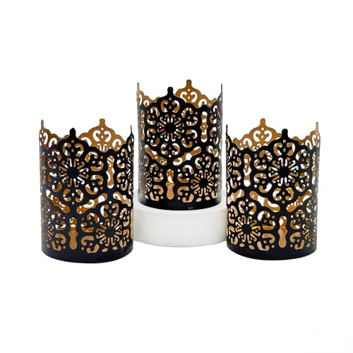 Hosley Set of 3 Black Finish Metal Candle Holders 4 Inch High Lattice Cut Lanterns for Coordinated Elegance and Enchanting Illumination Elevate Your Decor - color: Black, size: 4 inch High