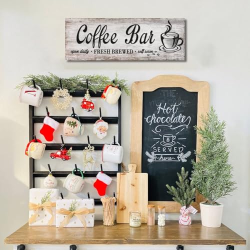 Rustic Wood Grain Coffee Station，Retro Coffee Bar Signs for Kitchen 6x17 | Self Serve Fresh Brewed Open Daily, Large Farmhouse Wall Hanging Plaque - color: Retro Coffee Bar, size: 6" x 17"