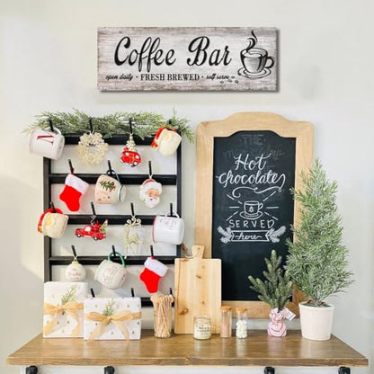 Rustic Wood Grain Coffee Station，Retro Coffee Bar Signs for Kitchen 6x17 | Self Serve Fresh Brewed Open Daily, Large Farmhouse Wall Hanging Plaque - color: Retro Coffee Bar, size: 6" x 17"