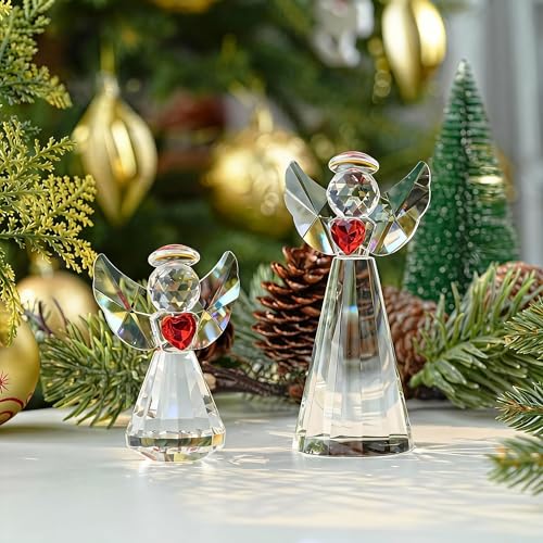 2pcs Crystal Angel Figurine Collectibles Gifts for Women Glass Angel Statue | Glass Guardian Angel Holding a Heart Ornaments,Home Table Christmas Decoration (Clear,4.5''and 3'') - style: Angel With Red Heart-2pcs