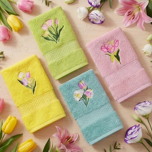 HunnmingRe 4 Pack Decorative Hand Towels for Bathroom Summer Cotton Embroidered Plant Flower Tropical Soft Absorbent Kitchen Home Bar Dish Cloth Housewarming Gift(Spring Colors,Tulip) - color: Spring Colors, style: Tulip