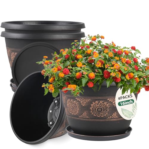 16 Inch Retro Plant Pots 4 Pack with Drainage and Saucers Copper | Large copper retro PP pots with drainage holes and saucers for houseplants patios porches gardens and entryways - color: Copper, size: 16 Inches-4 packs