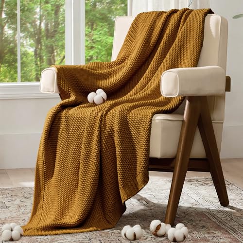100% Cotton Cable Knit Throw Blanket, Large Lightweight Soft Knit Blanket for Sofa Couch Bed, Breathable All-Season Throw, Cozy Decorative Blanket, 60 x 80 Inch,Mustard - color: Mustard, size: Twin(60" X 80")