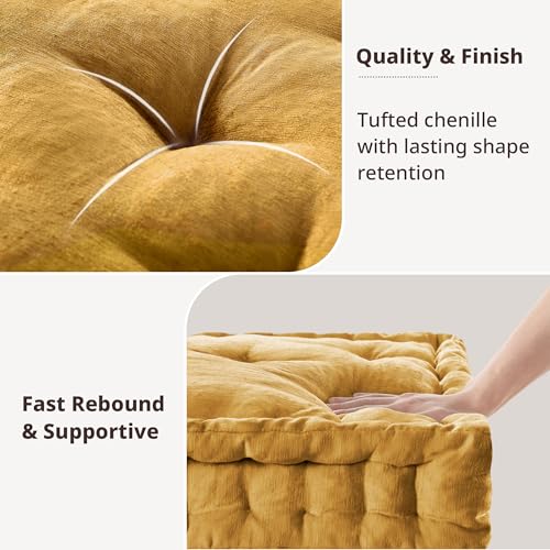 Intelligent Design Floor Pillow Large Meditation Cushion, 20x20 Yellow | Sitting for Adults Yoga, Shredded Foam Filled, Chenille Tufted Cover, Handsewn Scalloped Edge, OEKO-TE Certified - color: Yellow