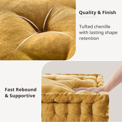 Intelligent Design Floor Pillow Large Meditation Cushion, 20x20 Yellow | Sitting for Adults Yoga, Shredded Foam Filled, Chenille Tufted Cover, Handsewn Scalloped Edge, OEKO-TE Certified - color: Yellow