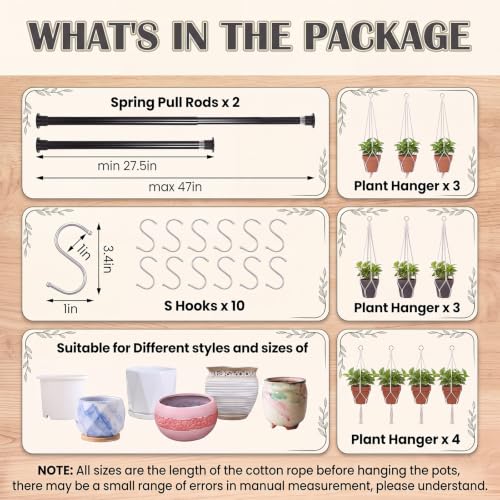 22 Pcs Window Hanging Plant Holder Set Boho Hoom Decor, No Drilling | 10 Adjustable Macrame Plant Hangers 3 Sizes(23.6"/31"/37"), 2 Expandable Spring Tension Rods 27.5''-47'' and 10 S Hooks