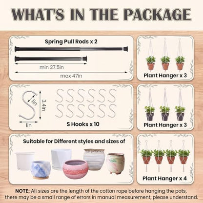 22 Pcs Window Hanging Plant Holder Set Boho Hoom Decor, No Drilling | 10 Adjustable Macrame Plant Hangers 3 Sizes(23.6"/31"/37"), 2 Expandable Spring Tension Rods 27.5''-47'' and 10 S Hooks