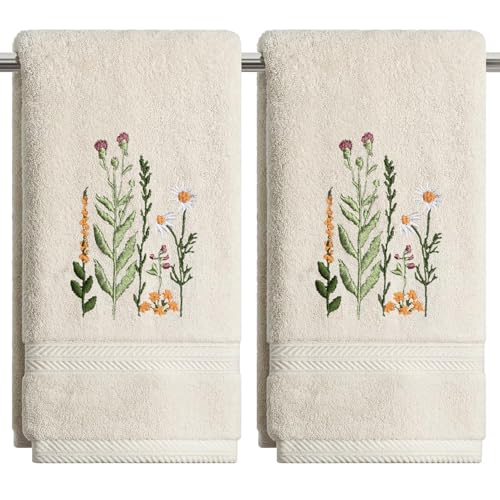 Artoid Mode 2 Pcs Beige Wildflower Floral Embroidered Hand Towels for Bathroom, 100% Cotton Soft Absorbent Farmhouse Decor Towels, 13.7 x 29.5 Inch - color: Beige, size: 13.7" x 29.5", 2PCS