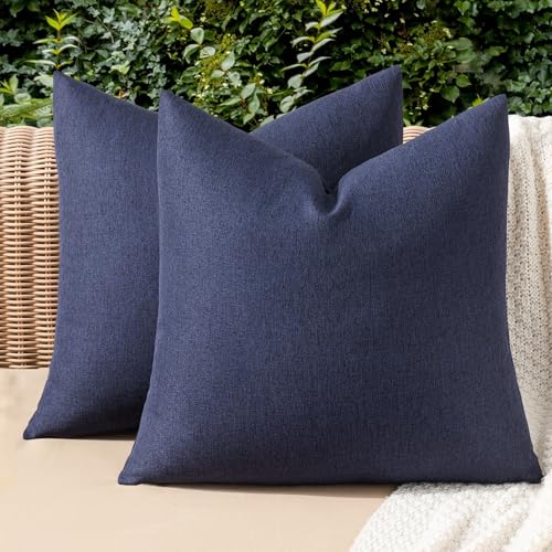 MIULEE Decorative Outdoor Pillow Covers Waterproof 12x12 Navy | Solid Faux Linen Throw Pillow Covers Set of 2 Farmhouse for Patio Furniture Tent Balcony Garden Couch Sofa Cushion - color: Navy, size: 12" x 12" (Pack of 2)
