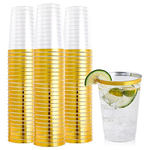 FOCUSLINE 100 Pack 12 oz Gold Rimmed Plastic Cups, 12 Ounce Clear Plastic Tumblers, Heavy-duty & Fancy Disposable Hard Cups with Gold Rim for Wedding - color: 12 oz Gold Rimmed