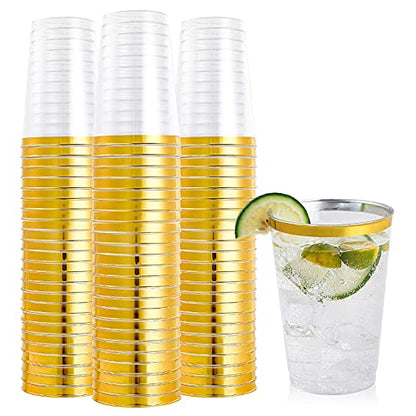 FOCUSLINE 100 Pack 12 oz Gold Rimmed Plastic Cups, 12 Ounce Clear Plastic Tumblers, Heavy-duty & Fancy Disposable Hard Cups with Gold Rim for Wedding - color: 12 oz Gold Rimmed