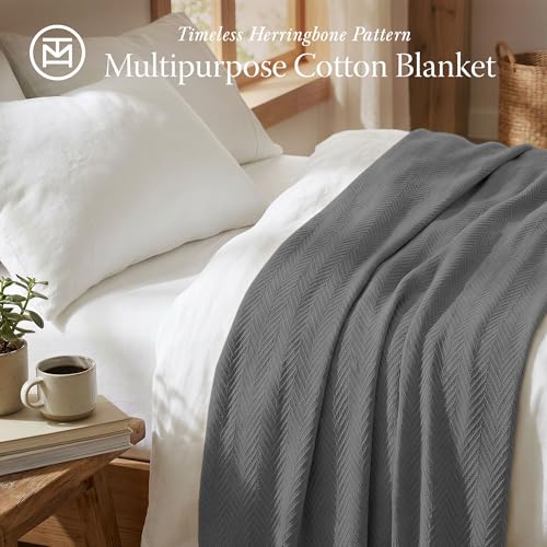 Threadmill Cotton King Blanket, Herringbone, Dark Grey, Machine Washable | 100% Cotton, Herringbone Pattern, 106x92 in, Breathable, All-Season, OEKO-TEX Certified, Machine Washable - color: Dark Grey, size: King (106" x 92")