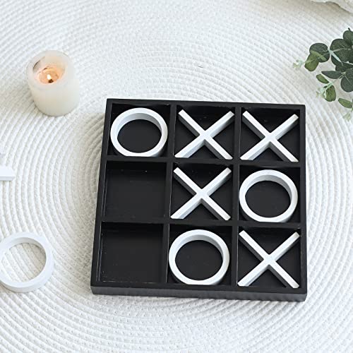 Wooden Tic Tac Toe Coffee Table Decor, Black and White Geometric Home Décor Accent, 12" x 12"