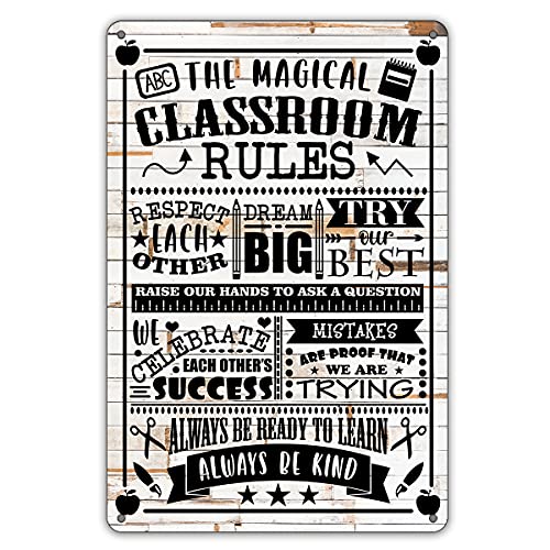QIONGQI Funny classroom Rules Metal Tin Sign Wall Decor Rustic Farmhouse Classroom Sign Decor Gifts(Wooden Style) - color: CLASSROOM