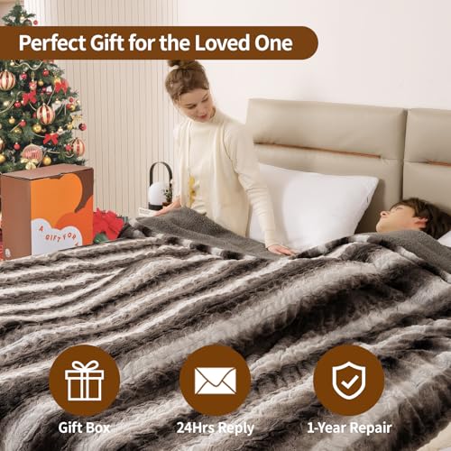 Bearhug Electric Blanket Full Size 77" x 84", 10 Heat Settings Heated Blanket, 1-12 Hour Auto Shut-Off, Faux Fur & Sherpa Dual-Sided Heating Blanket, Machine Washable, Gift-Ready Elegant Packaging - color: Cocoa Fade Stripe, size: Full Size 77" x 84"
