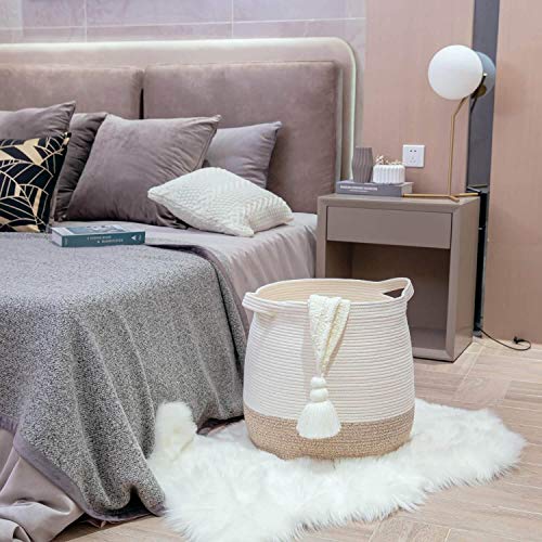 Large 17 x 17 Inches Decorative Woven Cotton Rope Blanket Basket for Living Room, Laundry Basket Hamper, Storage Baskets with Handles for Toys, Throws, Pillows, Towels, Shoes, Brown
