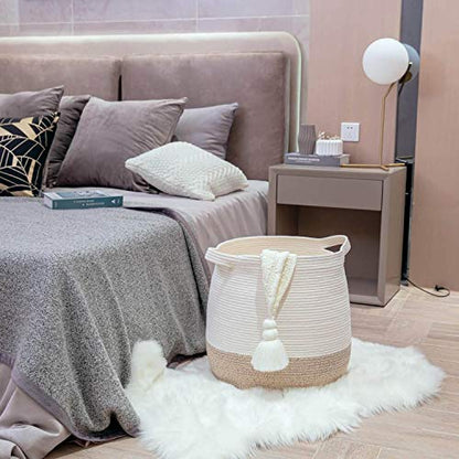 Large 17 x 17 Inches Decorative Woven Cotton Rope Blanket Basket for Living Room, Laundry Basket Hamper, Storage Baskets with Handles for Toys, Throws, Pillows, Towels, Shoes, Brown