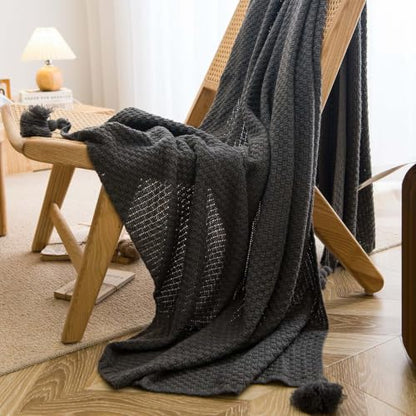 Waffle Knitted Blanket with Pom Pom Tassels,Throw for Bed Couch (A 28*91in) - color: A, size: 28*91in