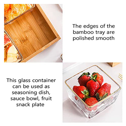 6 Compartment Glass Fruit Bowl with Wooden Tray Creative Snack Serving Tray Divided Serving Platter Reusable Ice Cream Cups Removable Salad Bowls for Snack Candy Nuts Desserts Transparent - color: Transparent, size: 6 Compartment