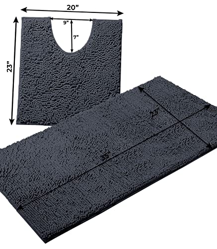 Bathroom Rugs Sets 2 Piece, Luxury Chenille Bath Mat Set, Soft Plush Anti-Slip Bath Rug + U-Shaped Toilet Mat. Microfiber Shaggy Carpet, Super Absorbent (24” x 36” & 20” x 24” U, Charcoal) - color: Charcoal, size: 2 Piece Set - Large