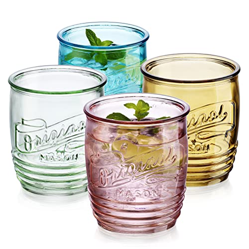 Glaver's Set Of 4 Original Mason Collins Glasses Assorted Colored Drinking Glasses For Juice Smoothies Cocktails Fine Beverage Glass Cups HAND WASH(Original Mason Whiskey Colored 13 OZ.) - color: Assorted Colored, size: 13 Ounces
