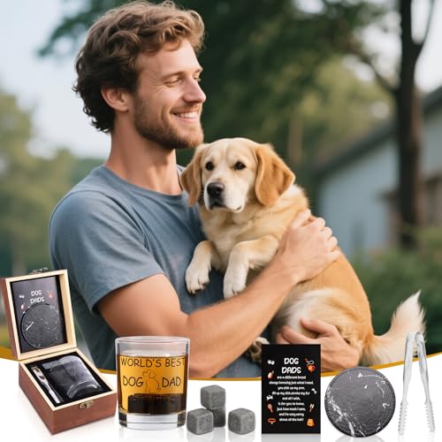 Bayelove Dog Dad Gifts, Best Gift for Dad, Gift with 12oz Whiskey Glasses, Stones, Coaster, Wooden Box for Dogfather - color: Dog Dad